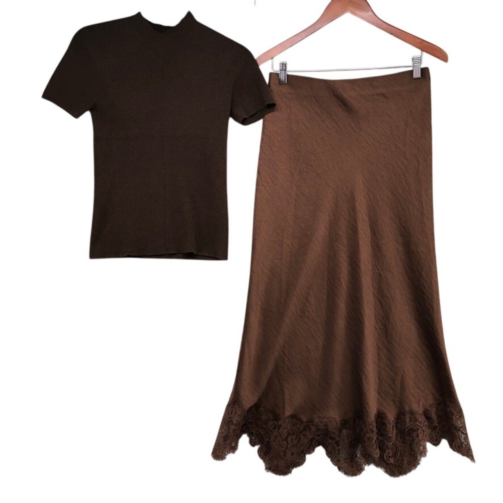 Skies Are Blue Skirt Set Womens Medium Brown Ribbed Mock Neck Lace Trim Midi